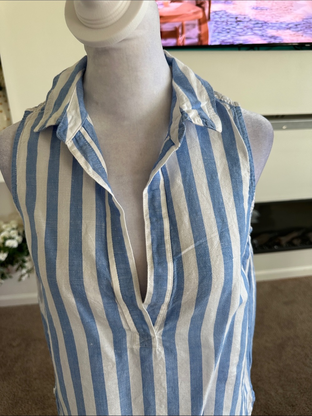 J. Crew Blue and White Striped Sleeveless Collared Tunic - Picture 2 of 6